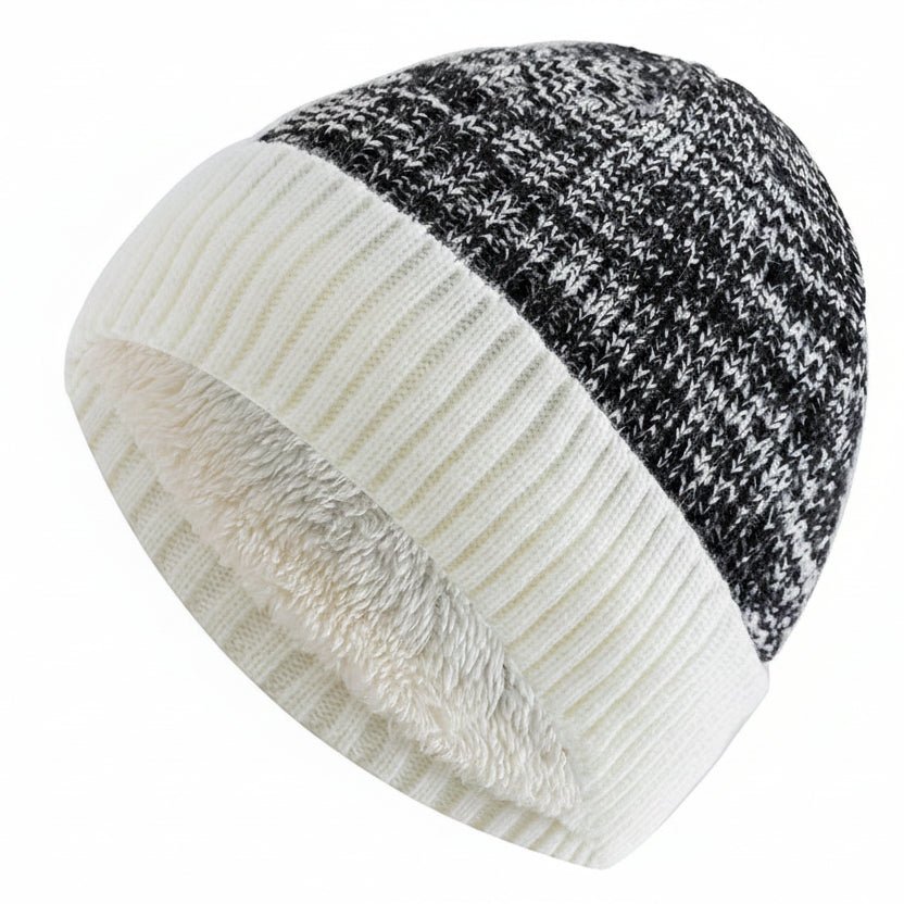 Two Tone Winter Beanie Hat with Fur Lining Men and Women Warm Knitted Cap Black White 56cm-60cm
