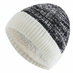 Two Tone Winter Beanie Hat with Fur Lining Men and Women Warm Knitted Cap Black White 56cm-60cm