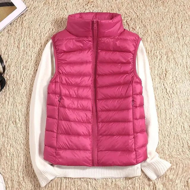 Aura | Women’s Ultralight Down Vest – Architectural Feather-Light Layering & Refined Thermal Grace rose red