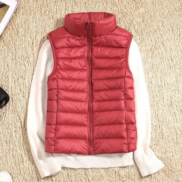 Aura | Women’s Ultralight Down Vest – Architectural Feather-Light Layering & Refined Thermal Grace red