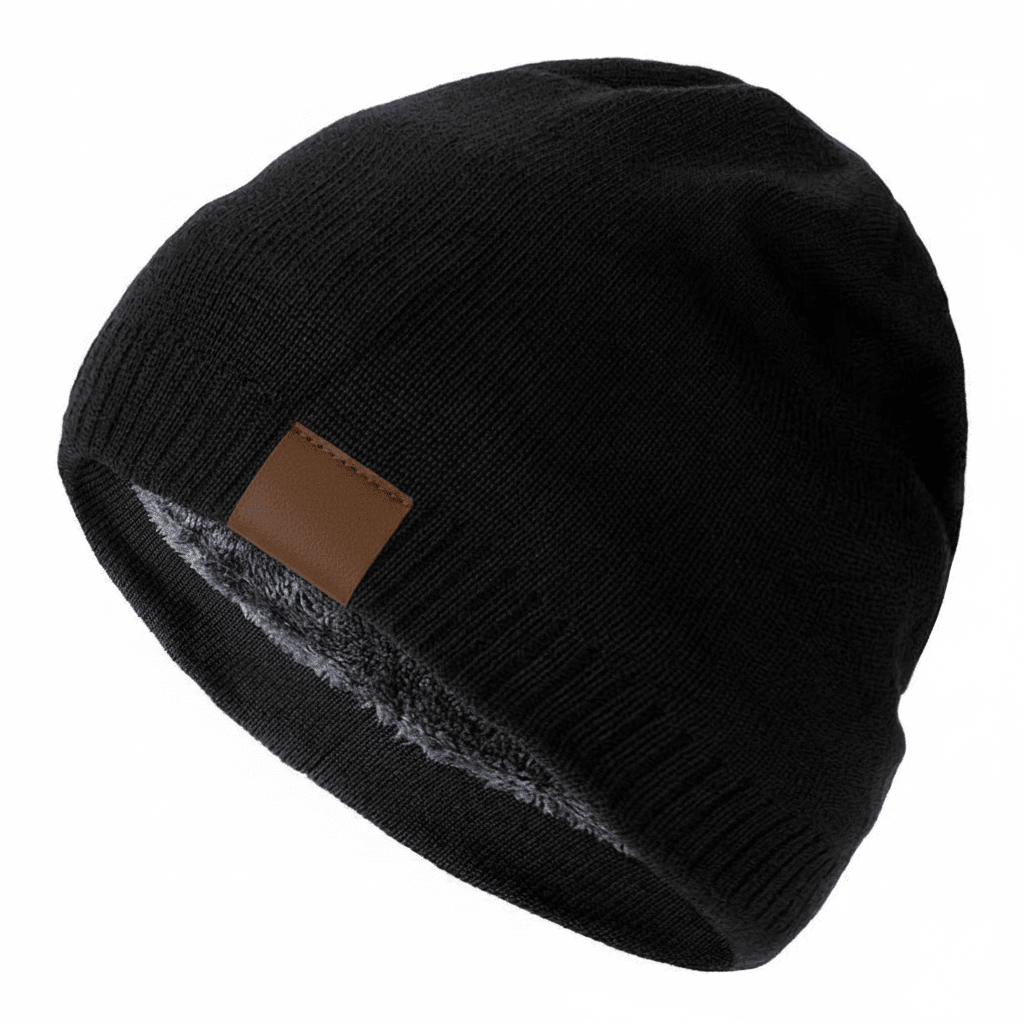 Unisex Black Beanie Hat with Fur Lining Warm Knitted Beanie Men and Women Ideal for Outdoor Sports Black 54cm-60cm