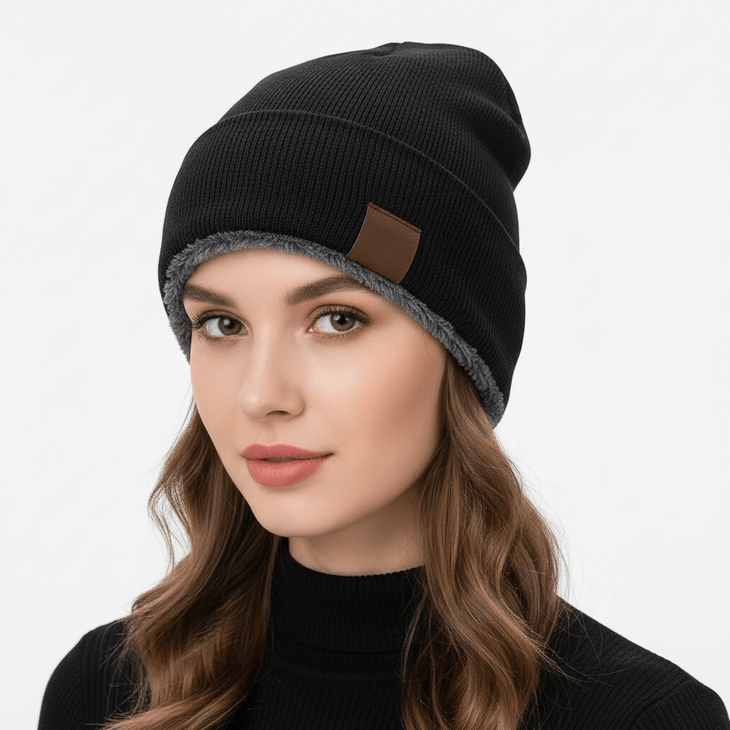 Unisex Black Beanie Hat with Fur Lining Warm Knitted Beanie Men and Women Ideal for Outdoor Sports