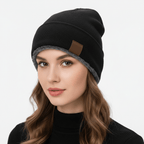 Unisex Black Beanie Hat with Fur Lining Warm Knitted Beanie Men and Women Ideal for Outdoor Sports