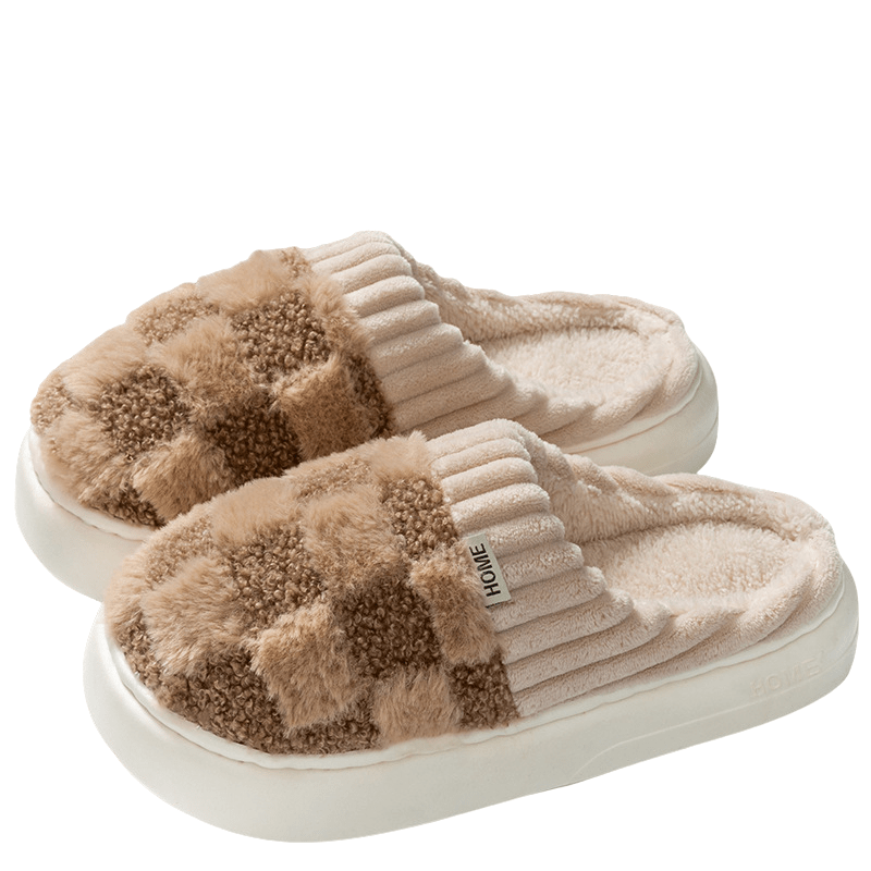 Unisex Slippers - Soft Slippers & Warm House Shoes Checked Brown