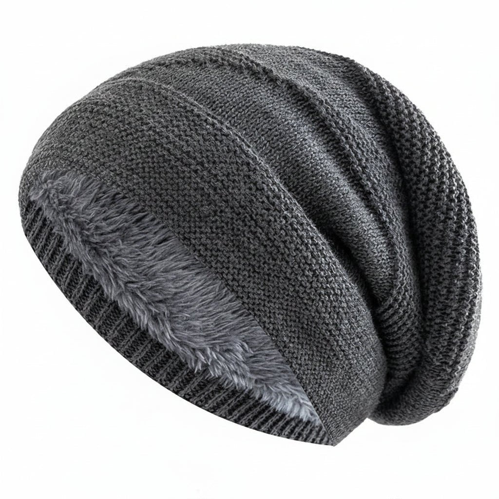 Unisex Slouchy Beanie Hat with Fur Lining Warm Knitted Cap for Winter Grey 56cm-60cm