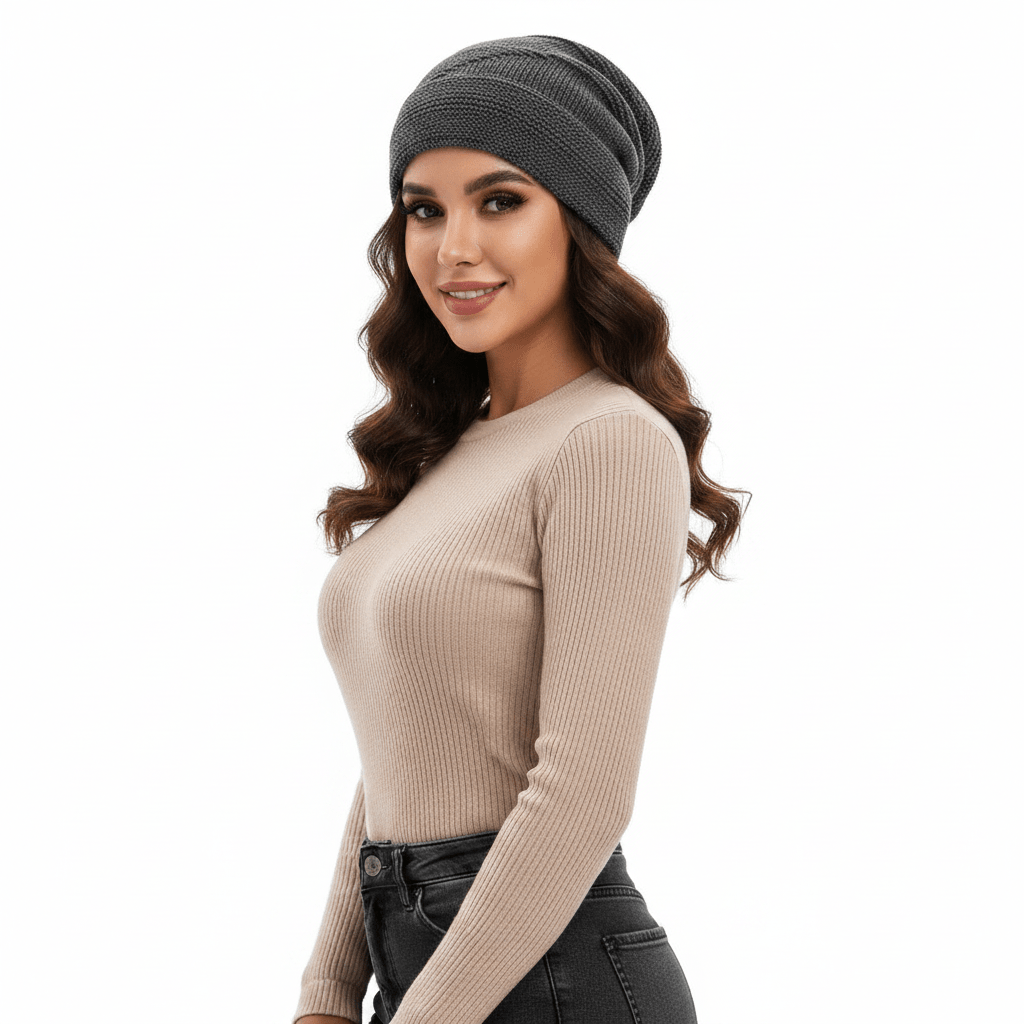 Unisex Slouchy Beanie Hat with Fur Lining Warm Knitted Cap for Winter
