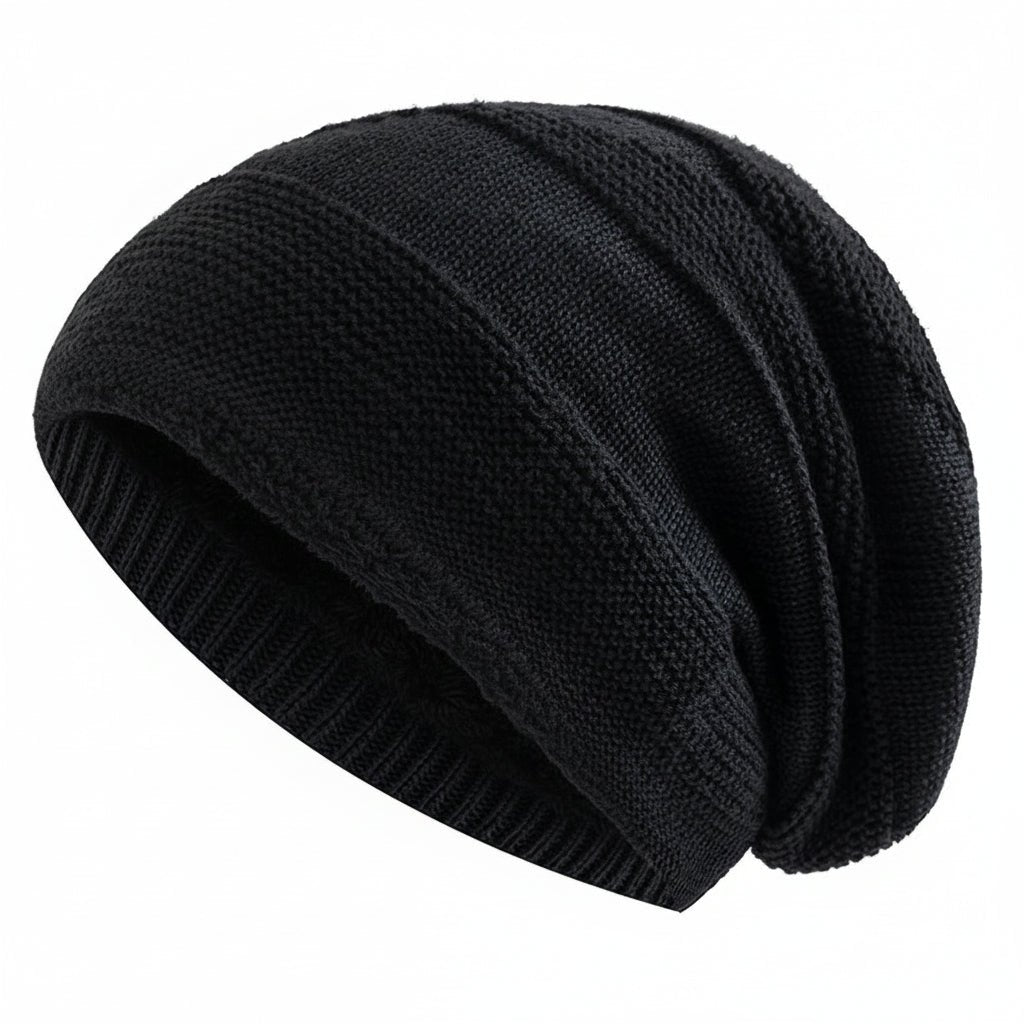 Unisex Slouchy Beanie Hat with Fur Lining Warm Knitted Cap for Winter Black 56cm-60cm