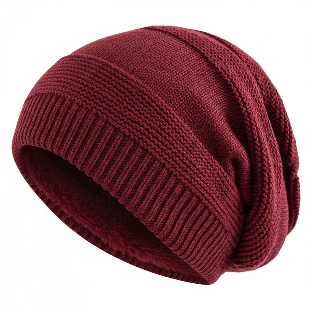 Unisex Slouchy Beanie Hat with Fur Lining Warm Knitted Cap for Winter Red 56cm-60cm