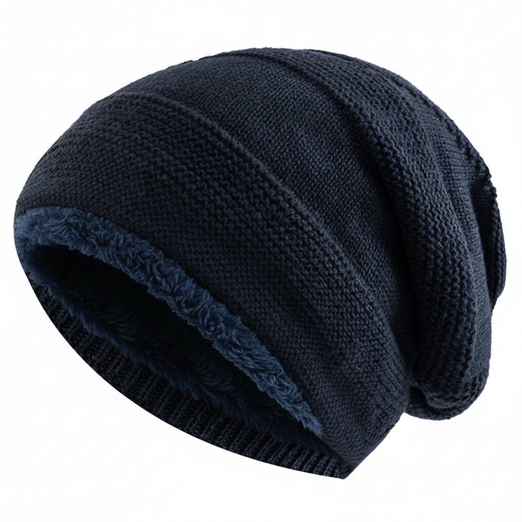 Unisex Slouchy Beanie Hat with Fur Lining Warm Knitted Cap for Winter Navy Blue 56cm-60cm