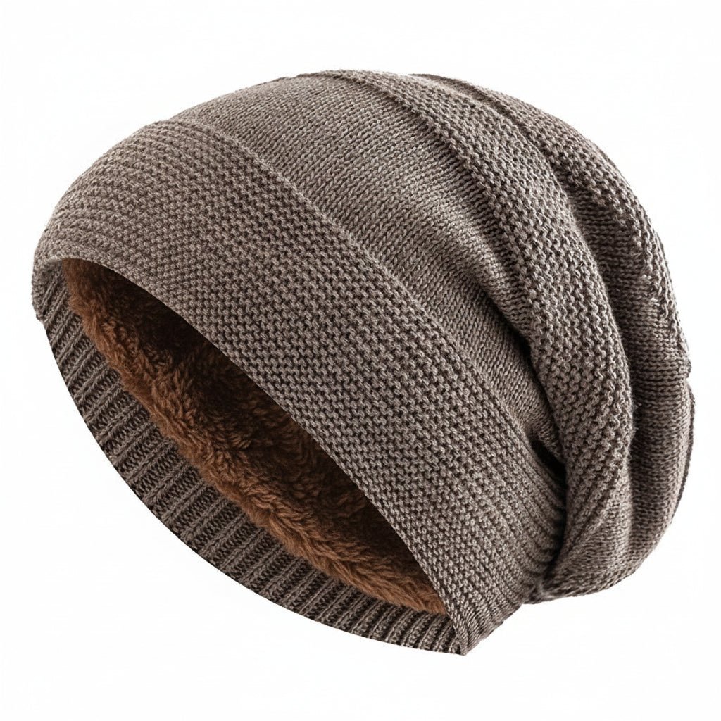 Unisex Slouchy Beanie Hat with Fur Lining Warm Knitted Cap for Winter Khaki 56cm-60cm