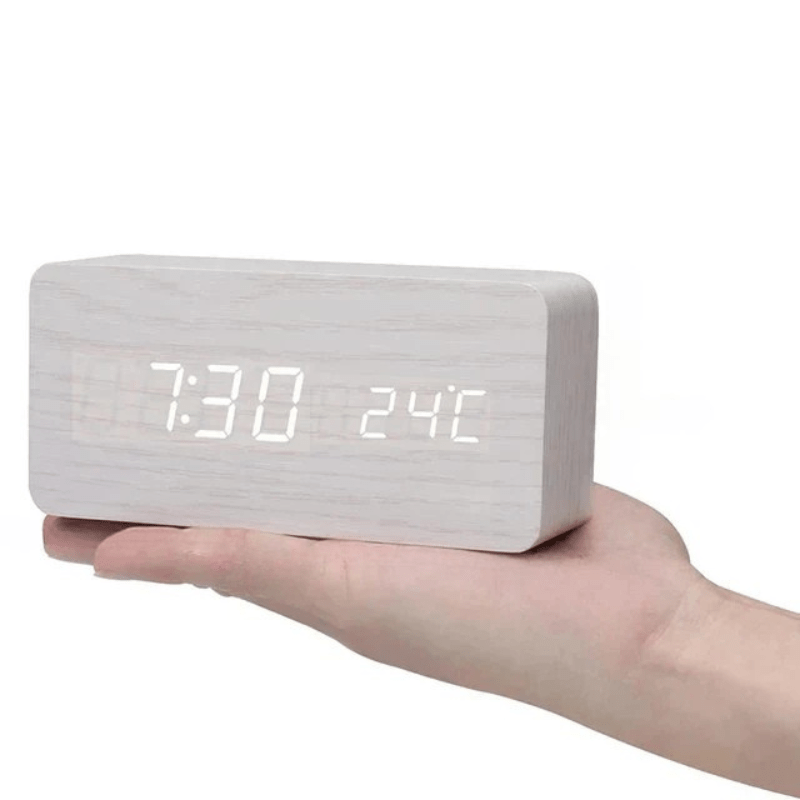 LED Wooden Digital Clock – Voice-Activated Alarm Clock with Adjustable Brightness, Battery or USB, 8 Styles White, Bar