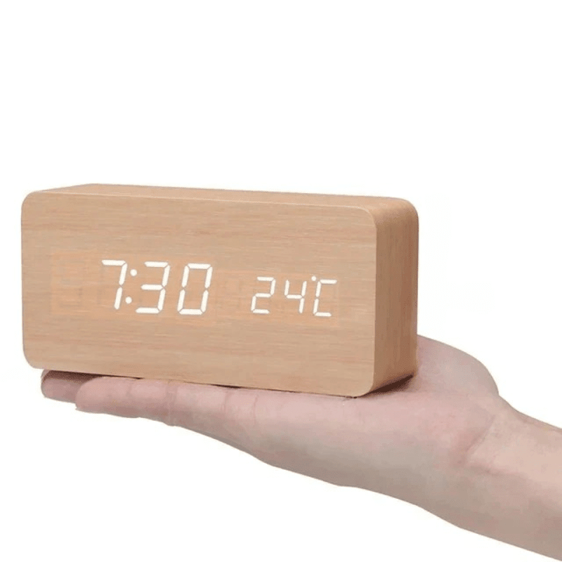 LED Wooden Digital Clock – Voice-Activated Alarm Clock with Adjustable Brightness, Battery or USB, 8 Styles Wood, Cube