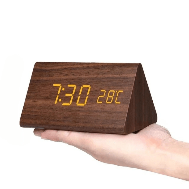 LED Wooden Digital Clock – Voice-Activated Alarm Clock with Adjustable Brightness, Battery or USB, 8 Styles Brown, Triangle