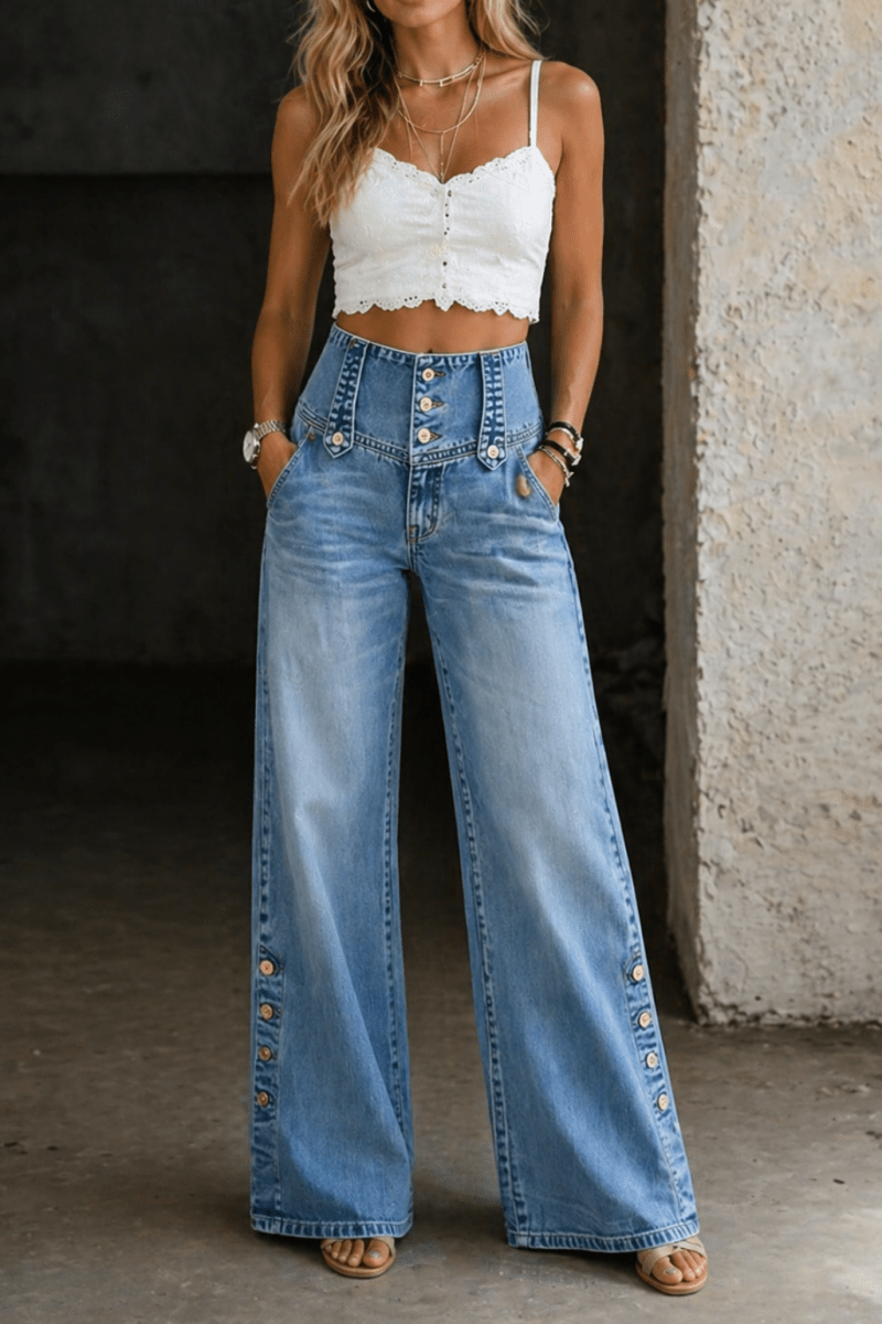 Sephira | Women's High Waist Slit Hem Jeans - Wide Leg & Straight Leg Denim Pants