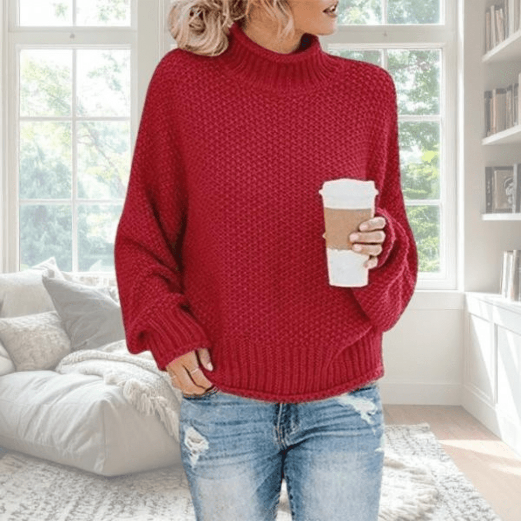 Parsha | Women's Sweater | Textured Knit Surface Long Sleeve Dark Red