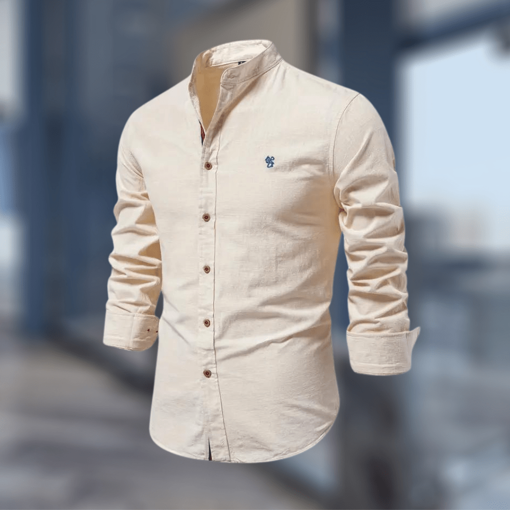 Men's Shirt Stand Collar Long Sleeve Beige