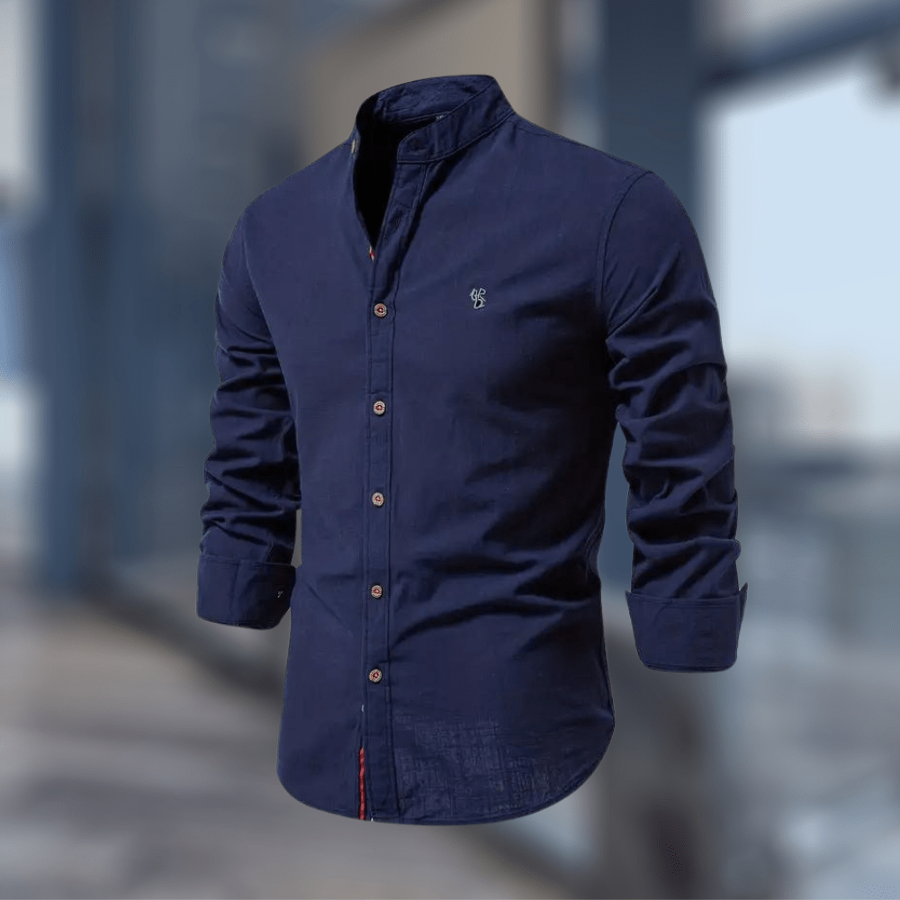 Men's Shirt Stand Collar Long Sleeve Navy Blue