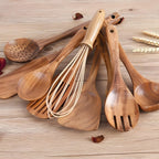 11-Piece Teak Wood Kitchen Utensil Set with Holder – Wooden Cooking Utensils for Nonstick Cookware, Natural Look