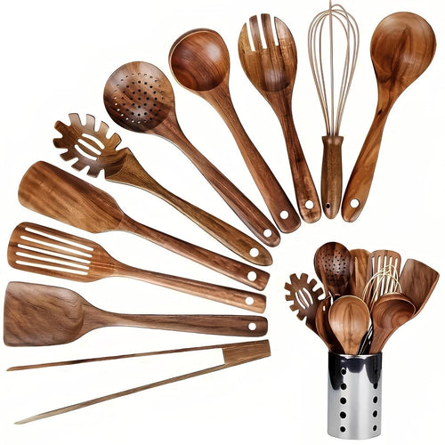 11-Piece Teak Wood Kitchen Utensil Set with Holder – Wooden Cooking Utensils for Nonstick Cookware, Natural Look Brown