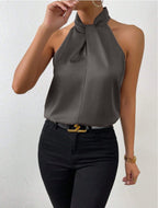Parsha | Silk Knot Neck Top Dark Gray
