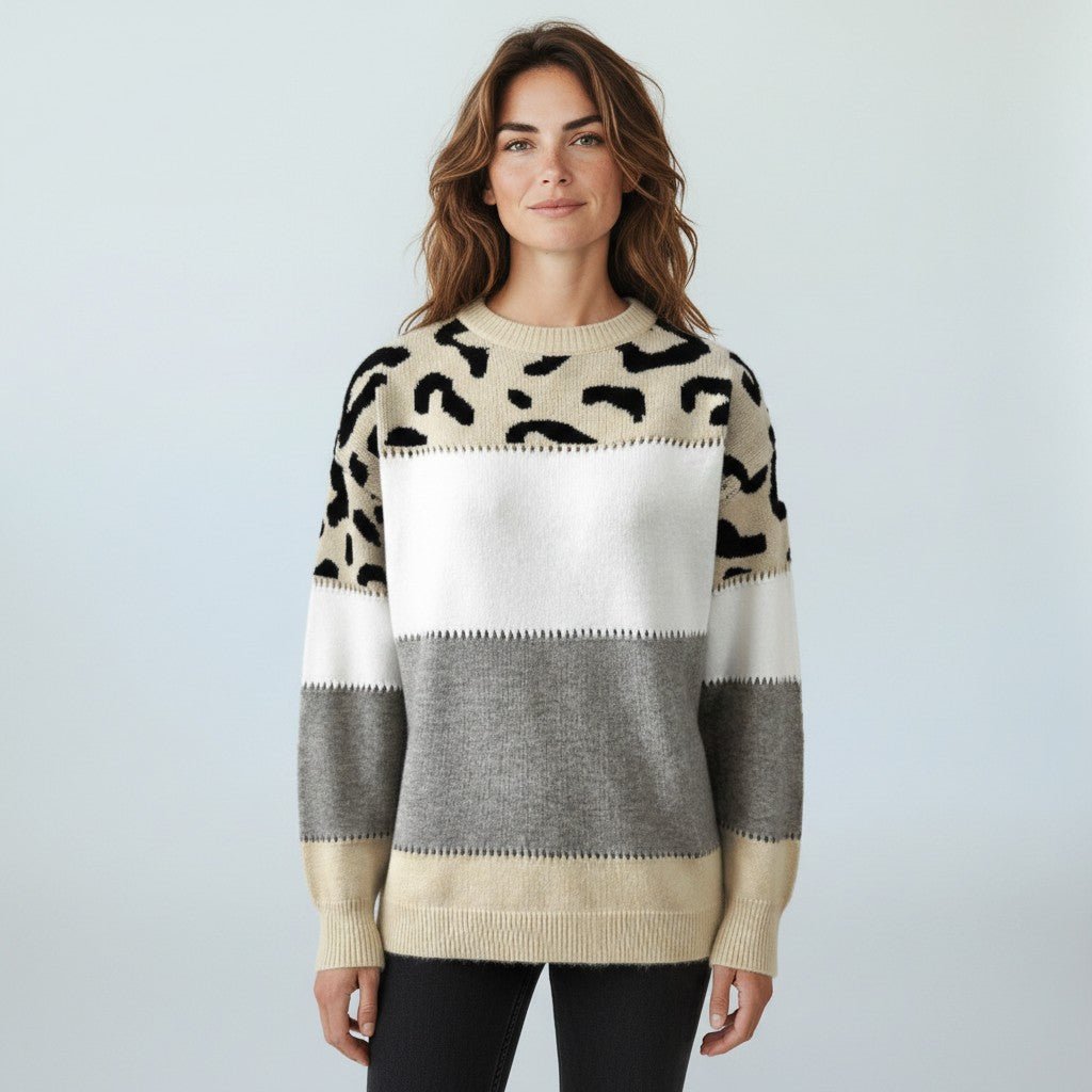 Viola Women's Colorblock Leopard Print Soft Knitted Sweater