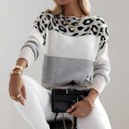 Viola Women's Colorblock Leopard Print Soft Knitted Sweater Grey