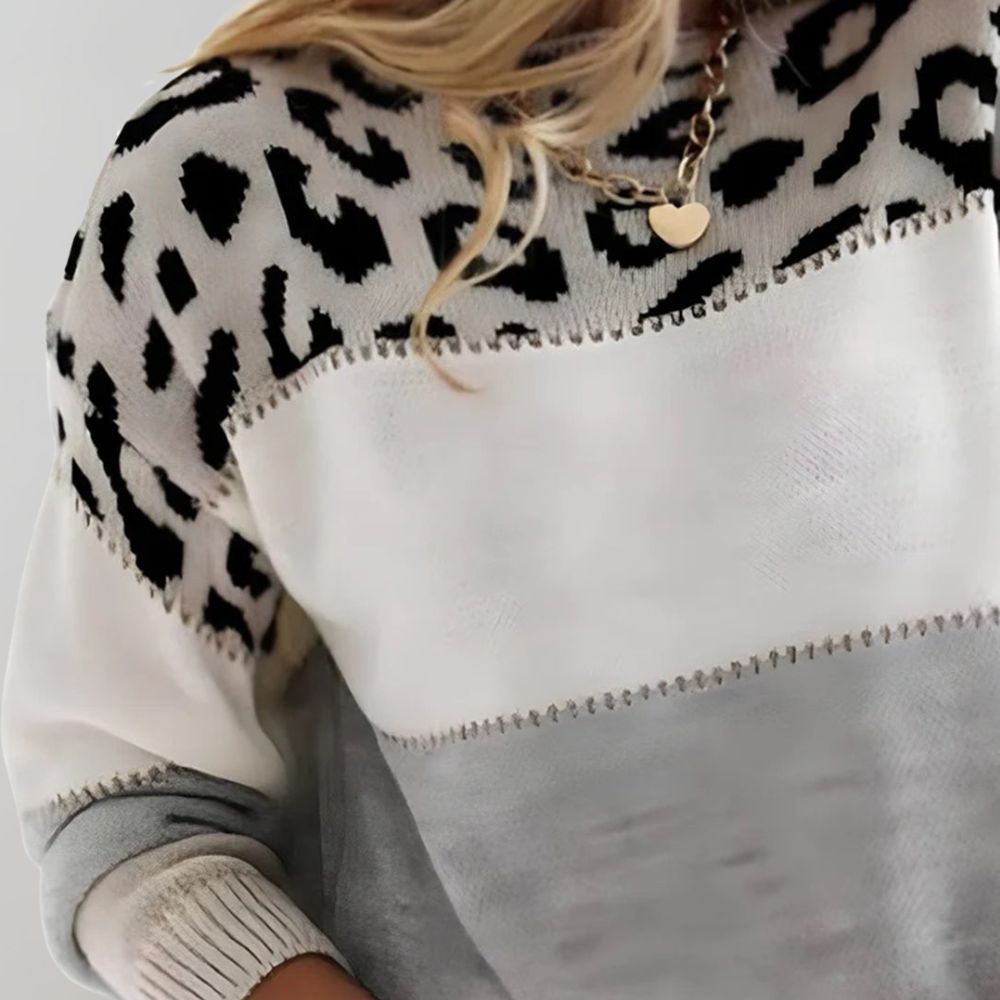 Viola Women's Colorblock Leopard Print Soft Knitted Sweater