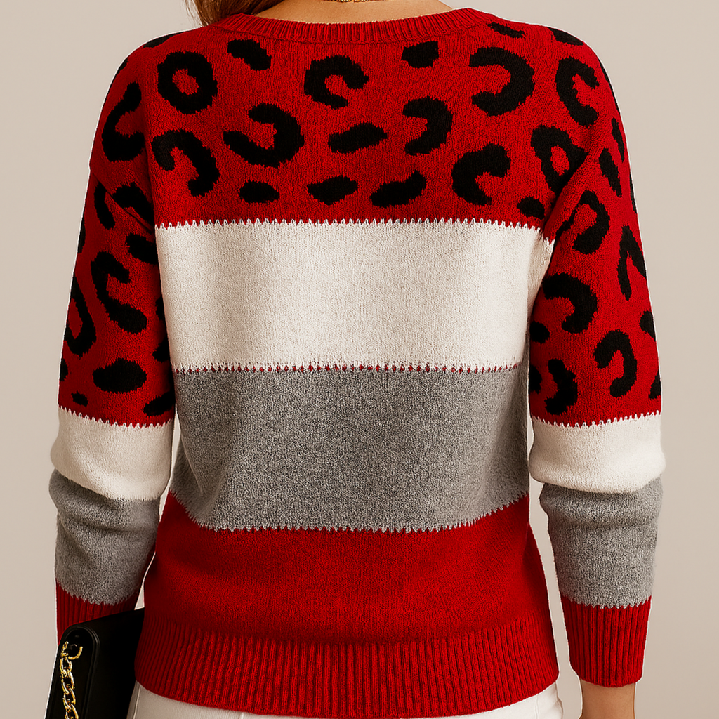 Viola Women's Colorblock Leopard Print Soft Knitted Sweater Red