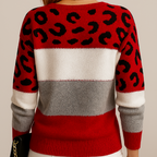 Viola Women's Colorblock Leopard Print Soft Knitted Sweater Red