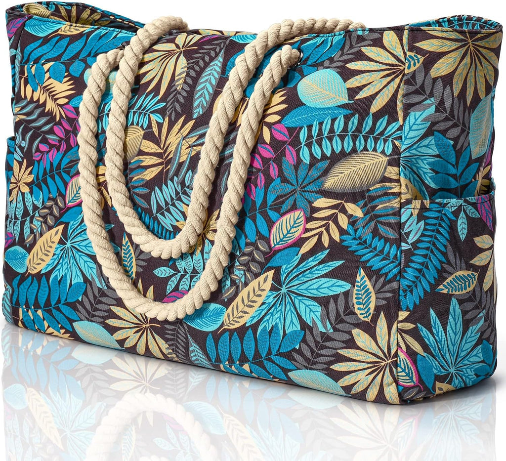 Waterproof Extra-Large Beach Bag with Pockets for Weekend Trips leaves