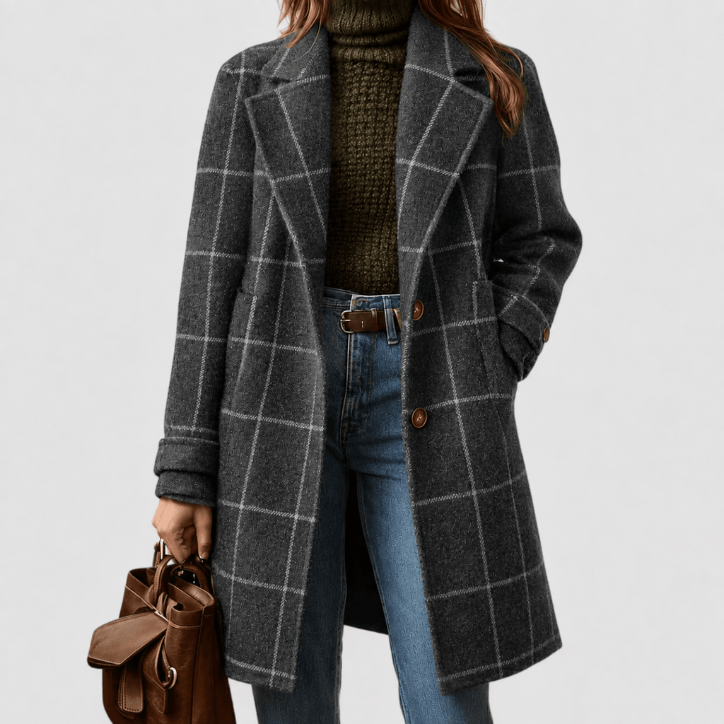 Vinea | Women's Classic Check Coat – Luxury Houndstooth Cotton Trench & Tailored Plaid Overcoat Grey