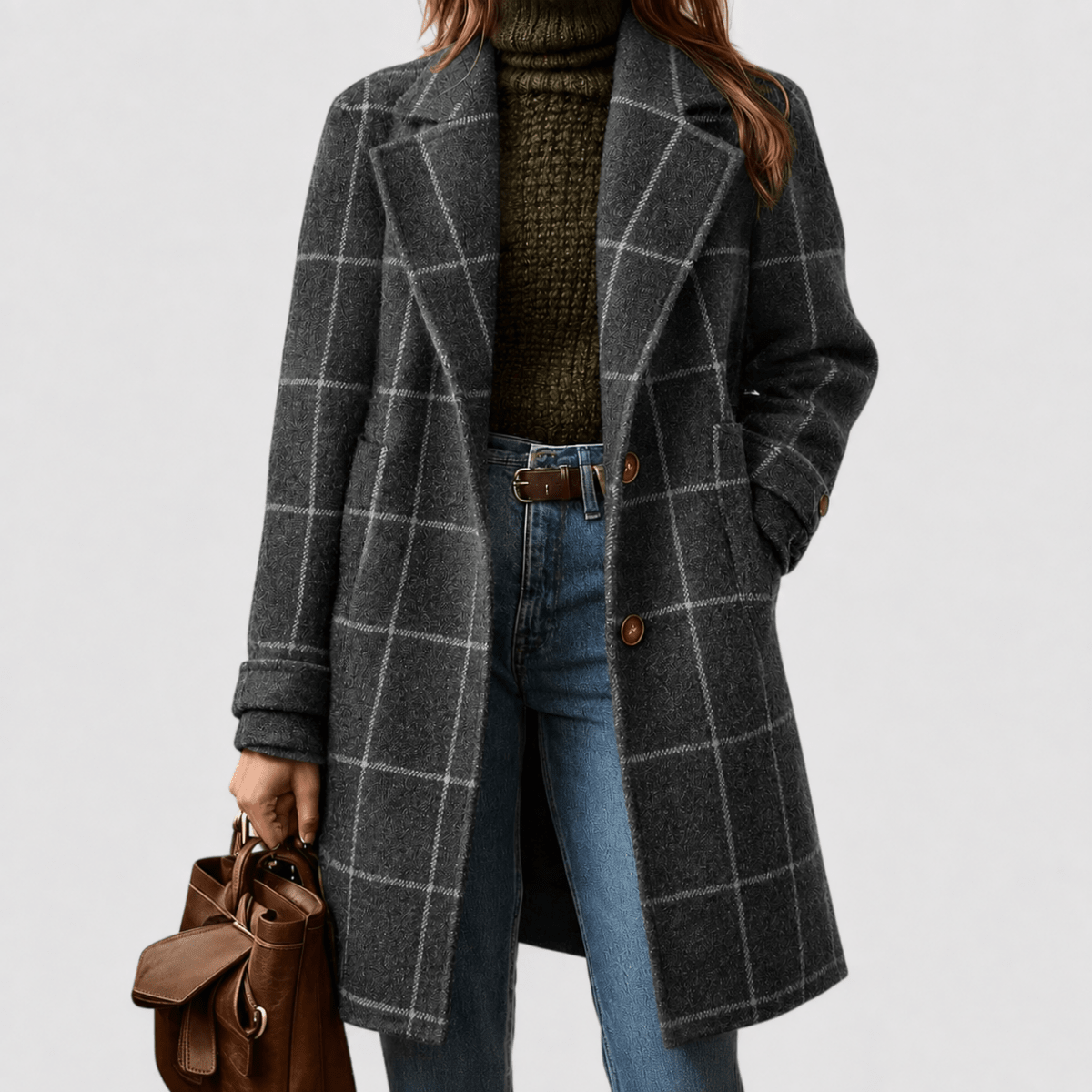 Vinea | Women's Classic Check Coat – Luxury Houndstooth Cotton Trench & Tailored Plaid Overcoat Grey