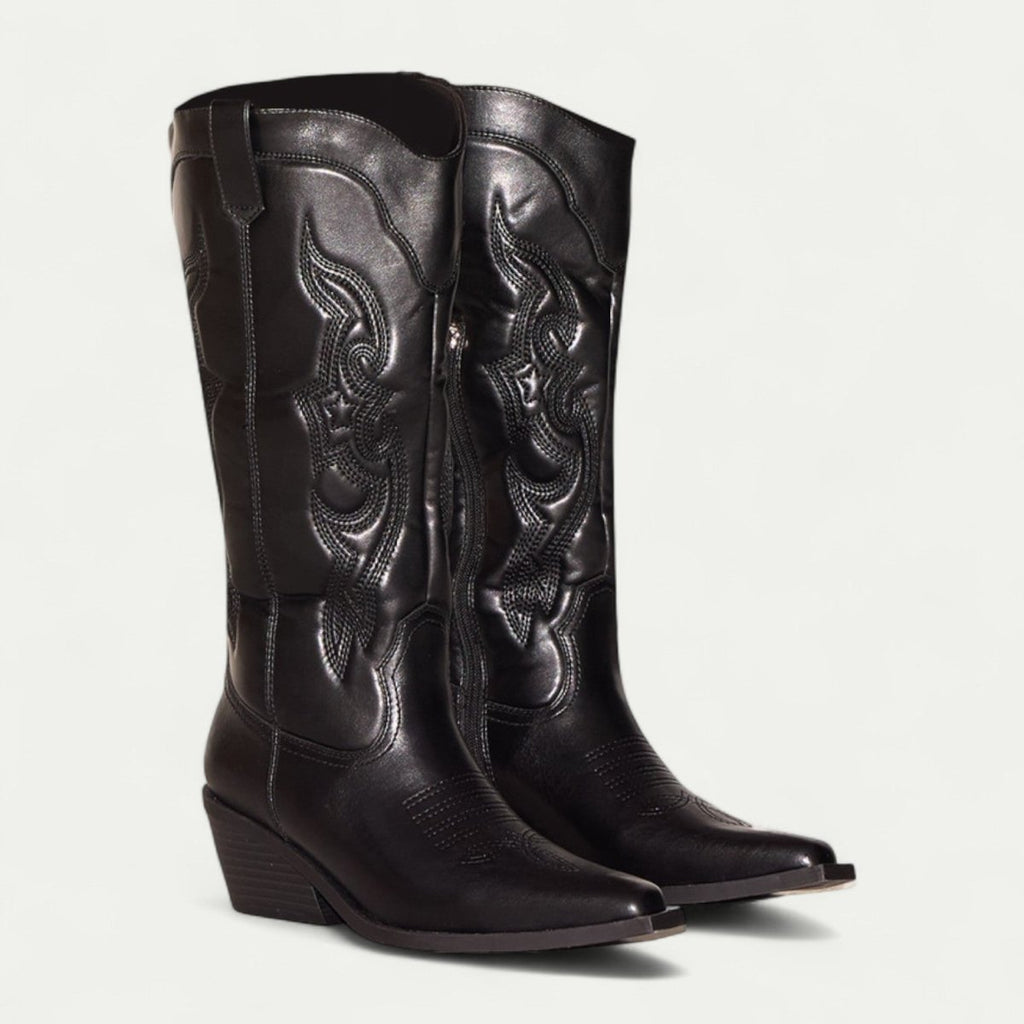Parsha | Boots For Women | Decorative Stitch Pattern Pointed Toe Black