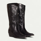 Parsha | Boots For Women | Decorative Stitch Pattern Pointed Toe Black