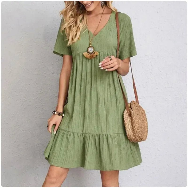 Women Summer Peplum Dresses Spring V-Neck Short Sleeve Loose Waist Ruffle Fit Flare Vocation Dresses 0