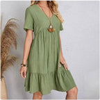 Women Summer Peplum Dresses Spring V-Neck Short Sleeve Loose Waist Ruffle Fit Flare Vocation Dresses 1