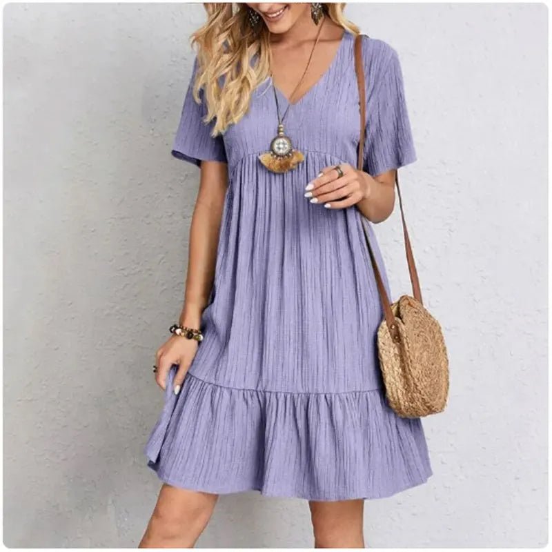 Women Summer Peplum Dresses Spring V-Neck Short Sleeve Loose Waist Ruffle Fit Flare Vocation Dresses 2