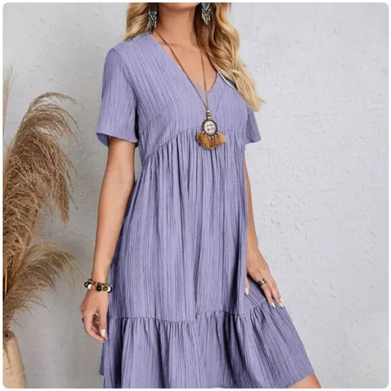 Women Summer Peplum Dresses Spring V-Neck Short Sleeve Loose Waist Ruffle Fit Flare Vocation Dresses 3