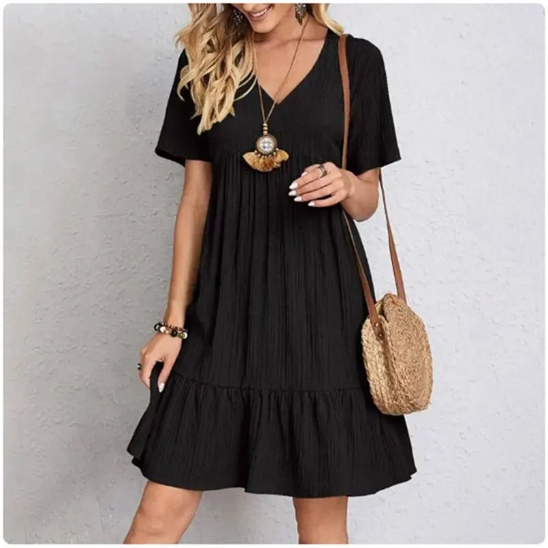 Women Summer Peplum Dresses Spring V-Neck Short Sleeve Loose Waist Ruffle Fit Flare Vocation Dresses 4