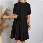 Women Summer Peplum Dresses Spring V-Neck Short Sleeve Loose Waist Ruffle Fit Flare Vocation Dresses 5