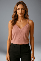 Mechi | Women’s Sleeveless Top with V Neck and Lace Detail Pink