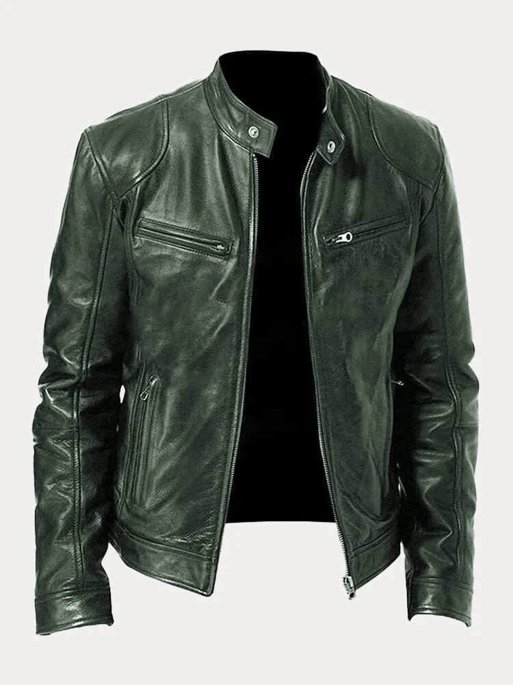 Luna | Women's Biker Leather Jacket with Stand-Up Collar Green