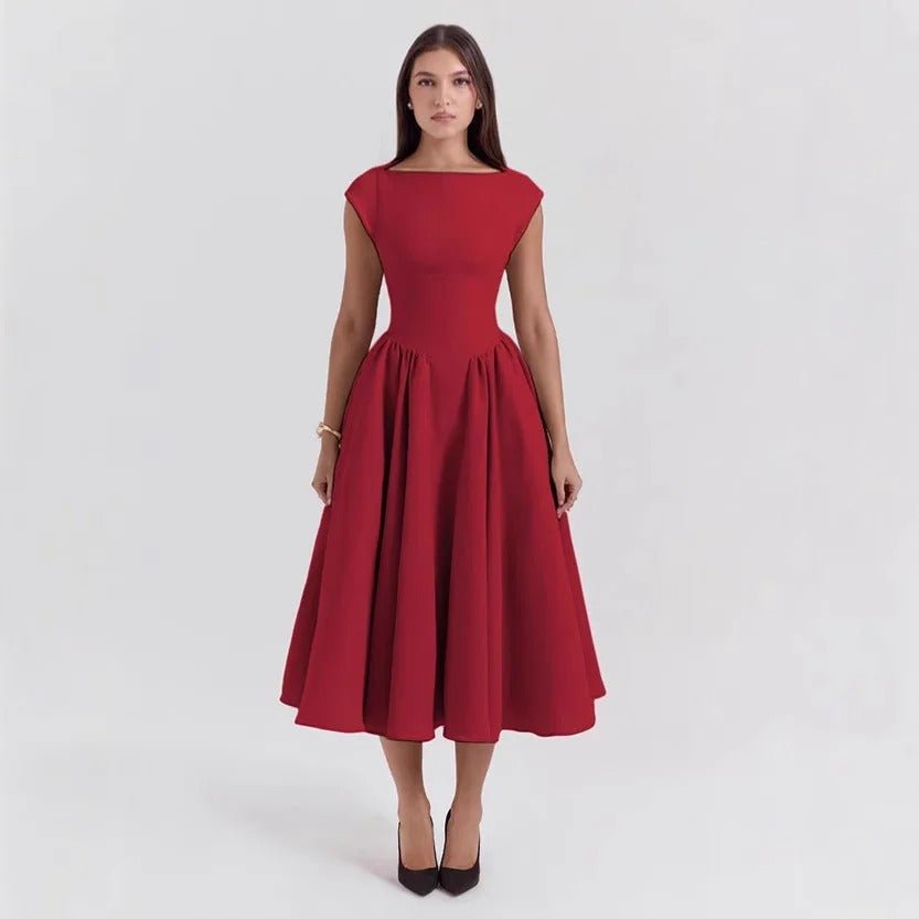 Women’s Cap Sleeve Midi Dress with Boat Neck and Gathered Waist 0