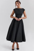 Women’s Cap Sleeve Midi Dress with Boat Neck and Gathered Waist 1