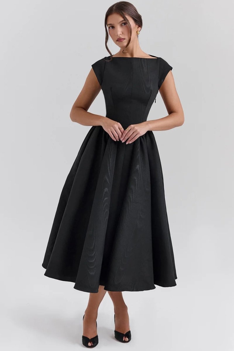 Women’s Cap Sleeve Midi Dress with Boat Neck and Gathered Waist 1
