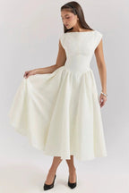 Women’s Cap Sleeve Midi Dress with Boat Neck and Gathered Waist 2