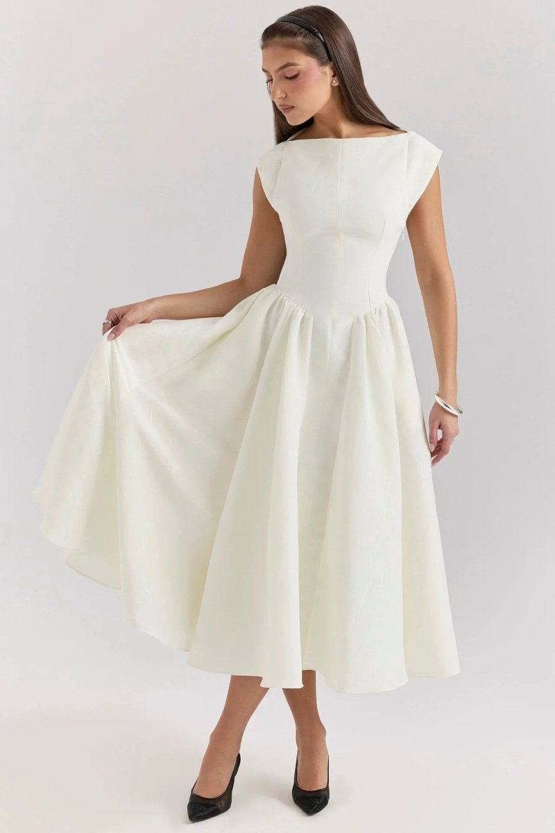 Women’s Cap Sleeve Midi Dress with Boat Neck and Gathered Waist 2