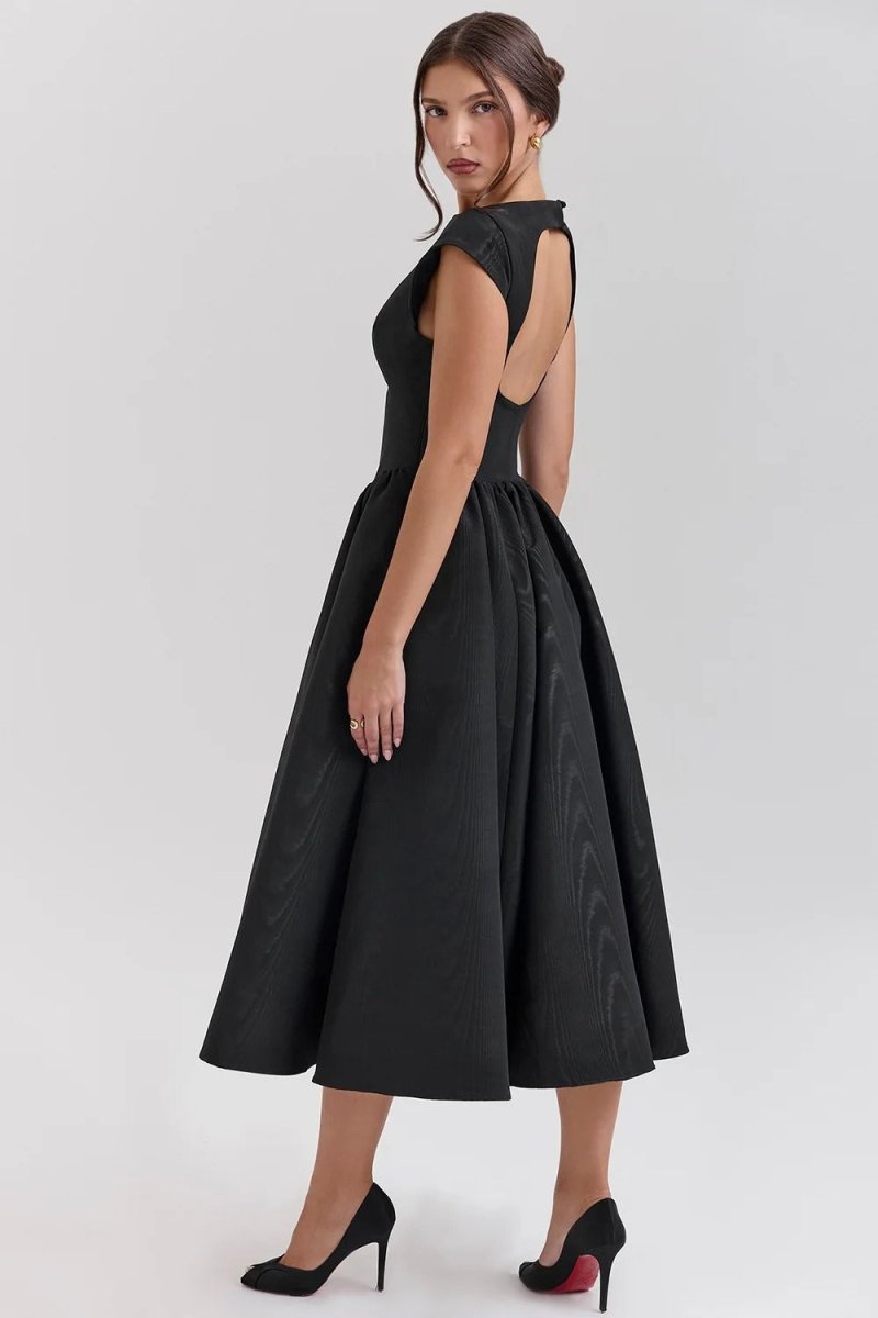 Women’s Cap Sleeve Midi Dress with Boat Neck and Gathered Waist 3