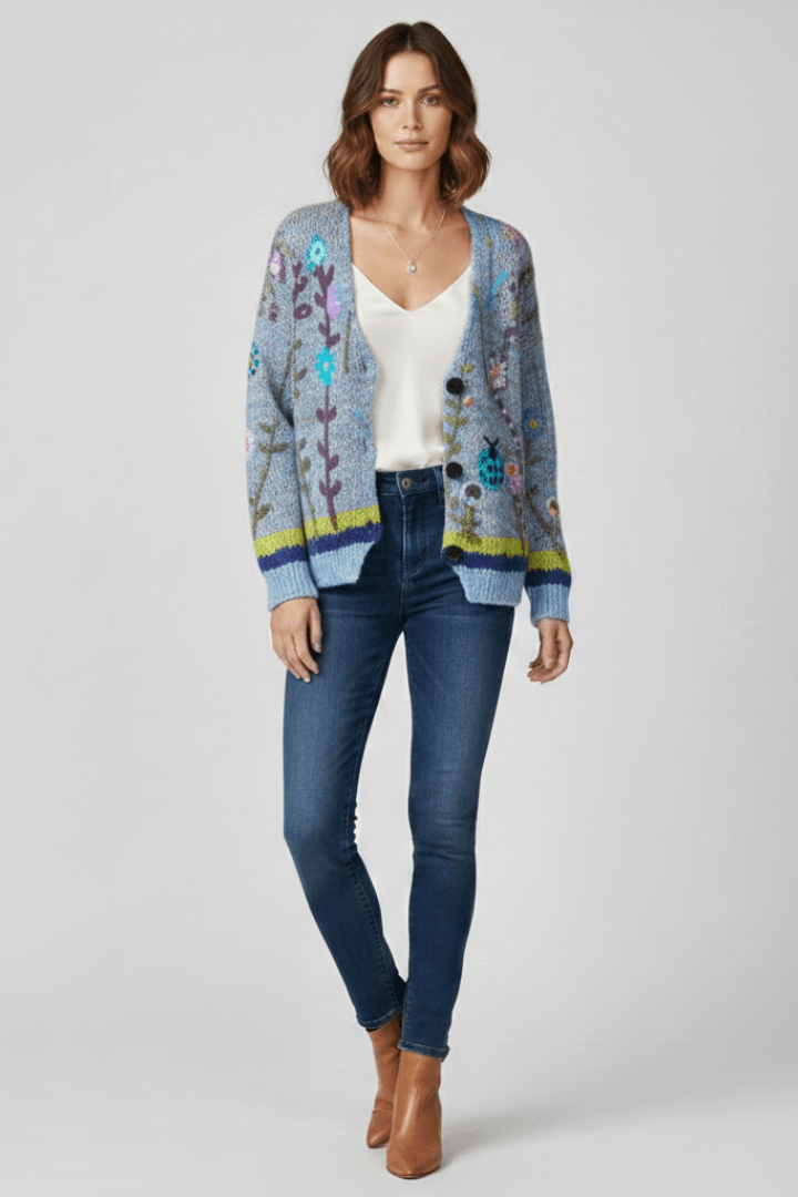 Women’s Cardigan with V-Neck and Patterned Knit Surface Green
