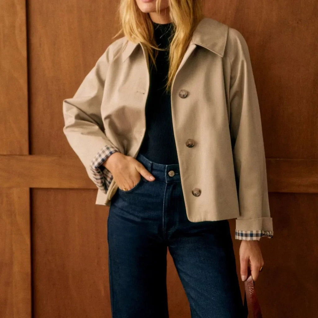 Women's Classic Trench Coat with Turn-Down Collar and Check Pattern Cotton Jacket 7
